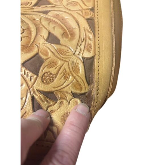 Vintage Hand Tooled Tan Brown Leather Hand / Shoulder Bag Floral Hippie Boho 70s - Picture 7 of 11